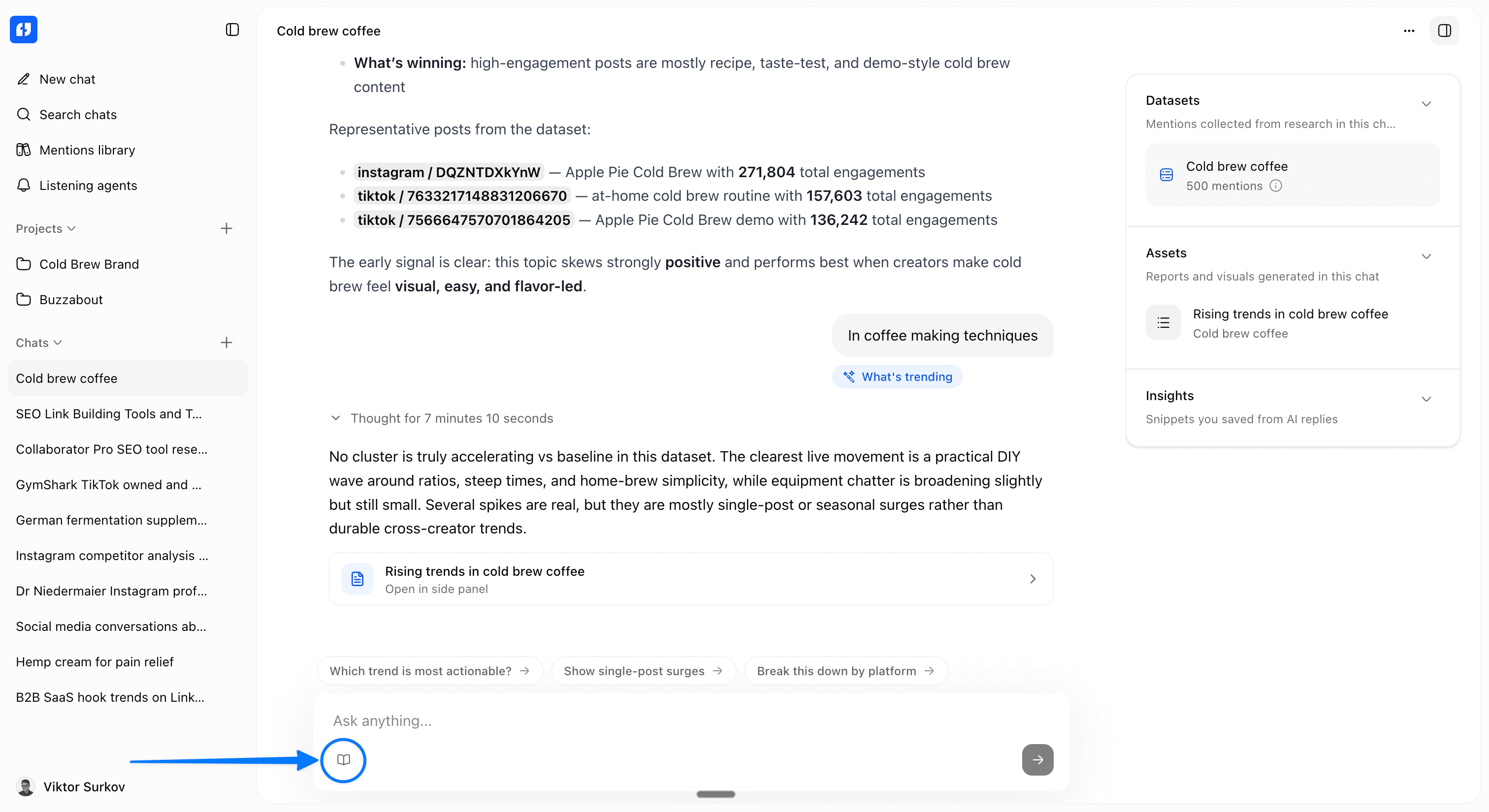 The Open skills book icon in the chat composer Screenshot: chat composer with the Open skills book icon highlighted
