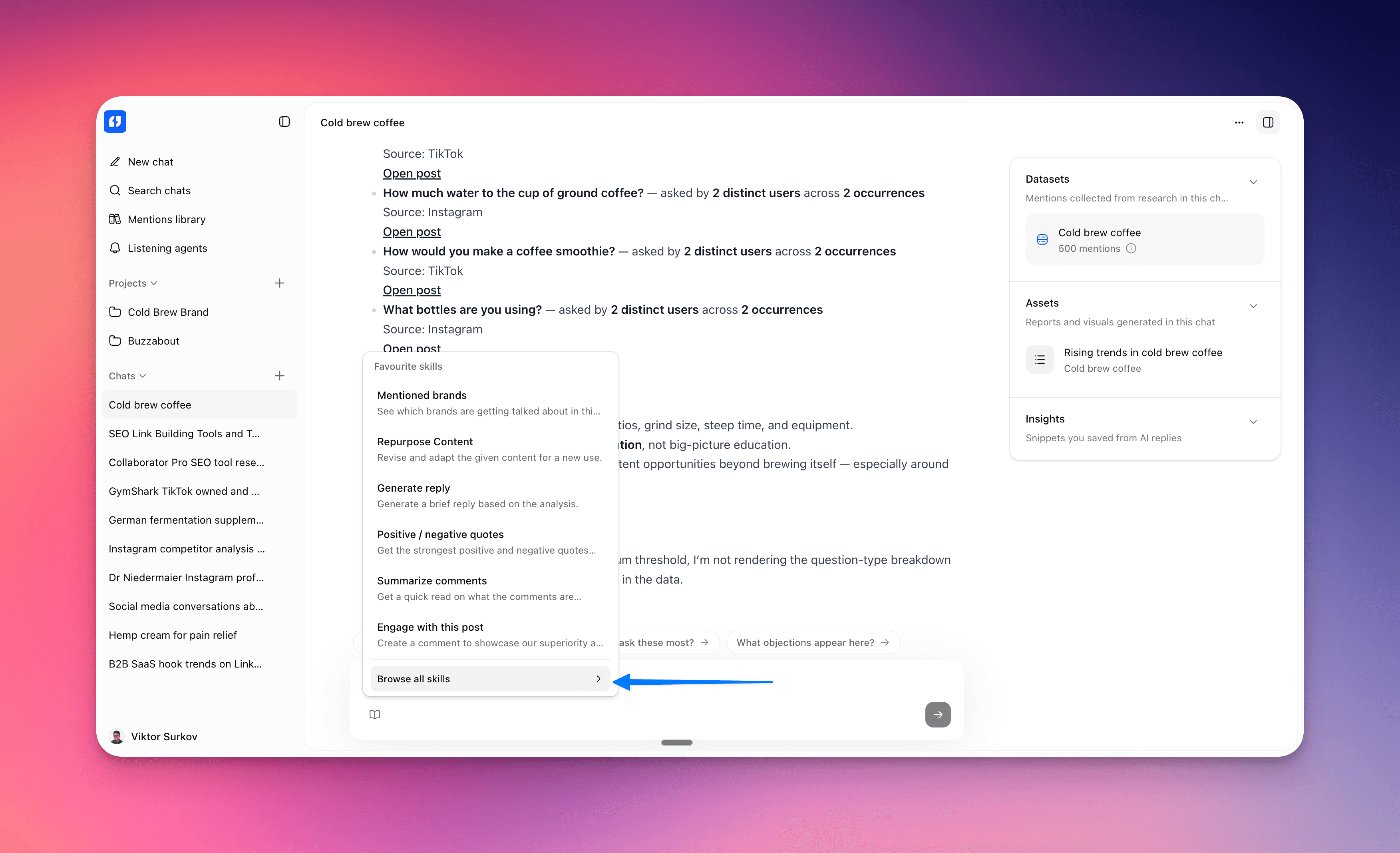 Browse all skills opens the library modal Screenshot: the Skills popover with the Browse all skills button