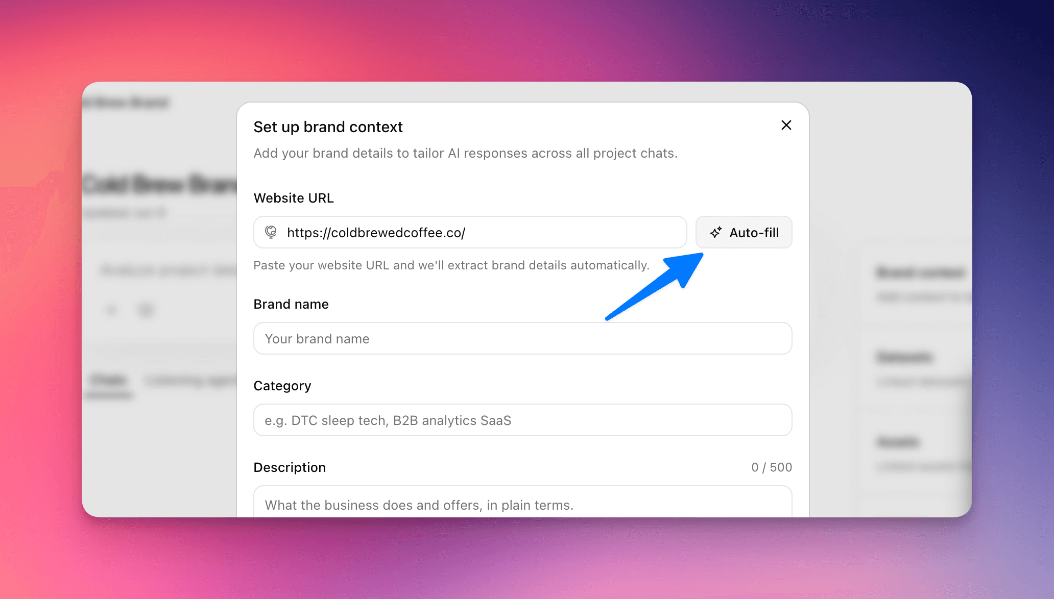 Paste your site and let auto-fill extract the brand details Screenshot: the Website URL field with Auto-fill running and showing Analyzing