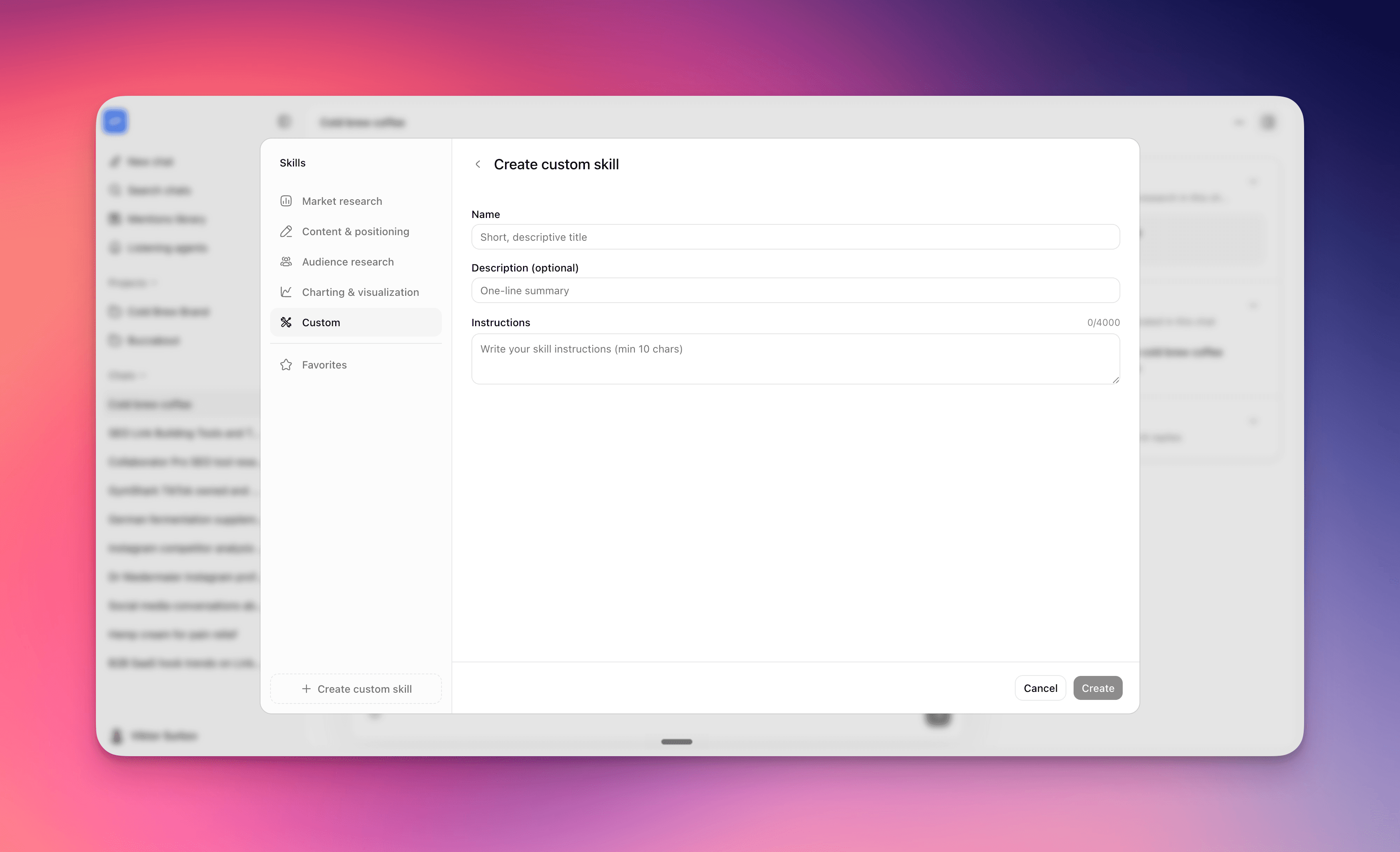 The custom-skill create form: name, description, and instructions Screenshot: the create form showing the Name, Description, and Instructions fields