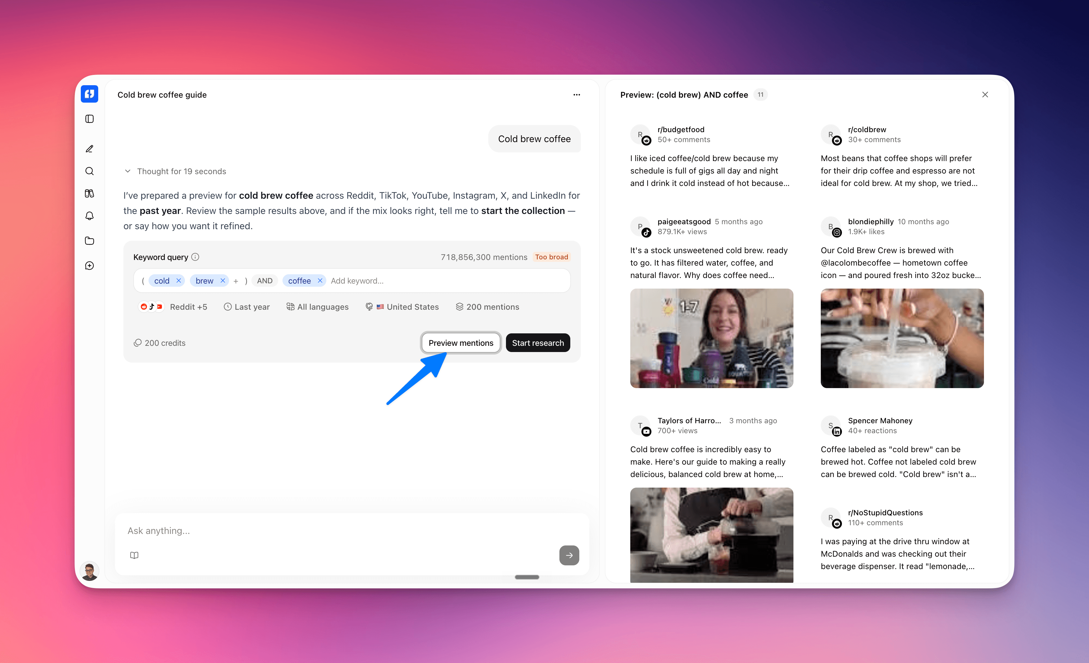 Start research spends balance and begins collecting mentions Screenshot: Start research button on the preview card
