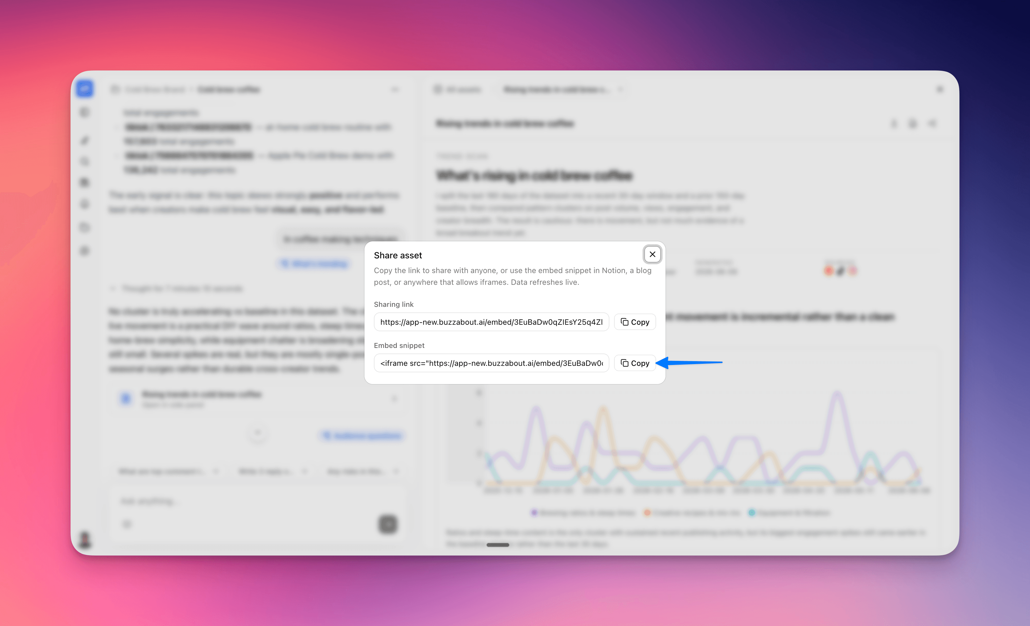 Copy the live embed snippet Screenshot: copying the Embed snippet iframe from the share modal